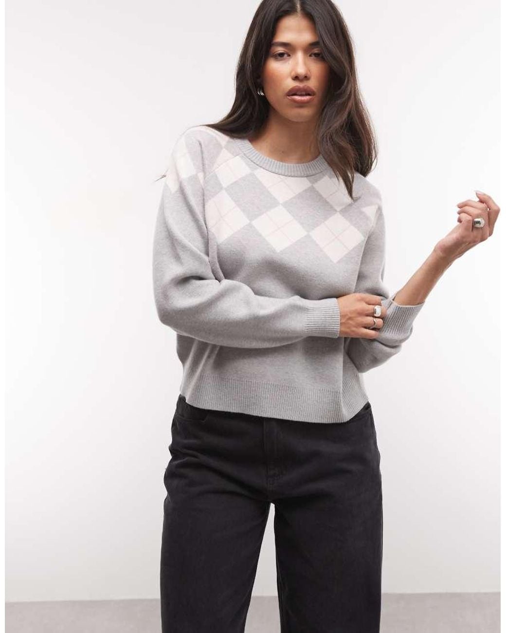 French Connection Gray Knitted Light Argyle Print Jumper