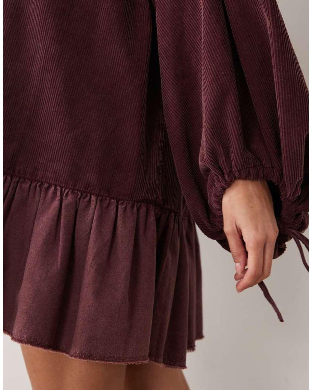 ASOS Red Hybrid Cord Shirt Mini Dress With Balloon Sleeve And Voile Hem