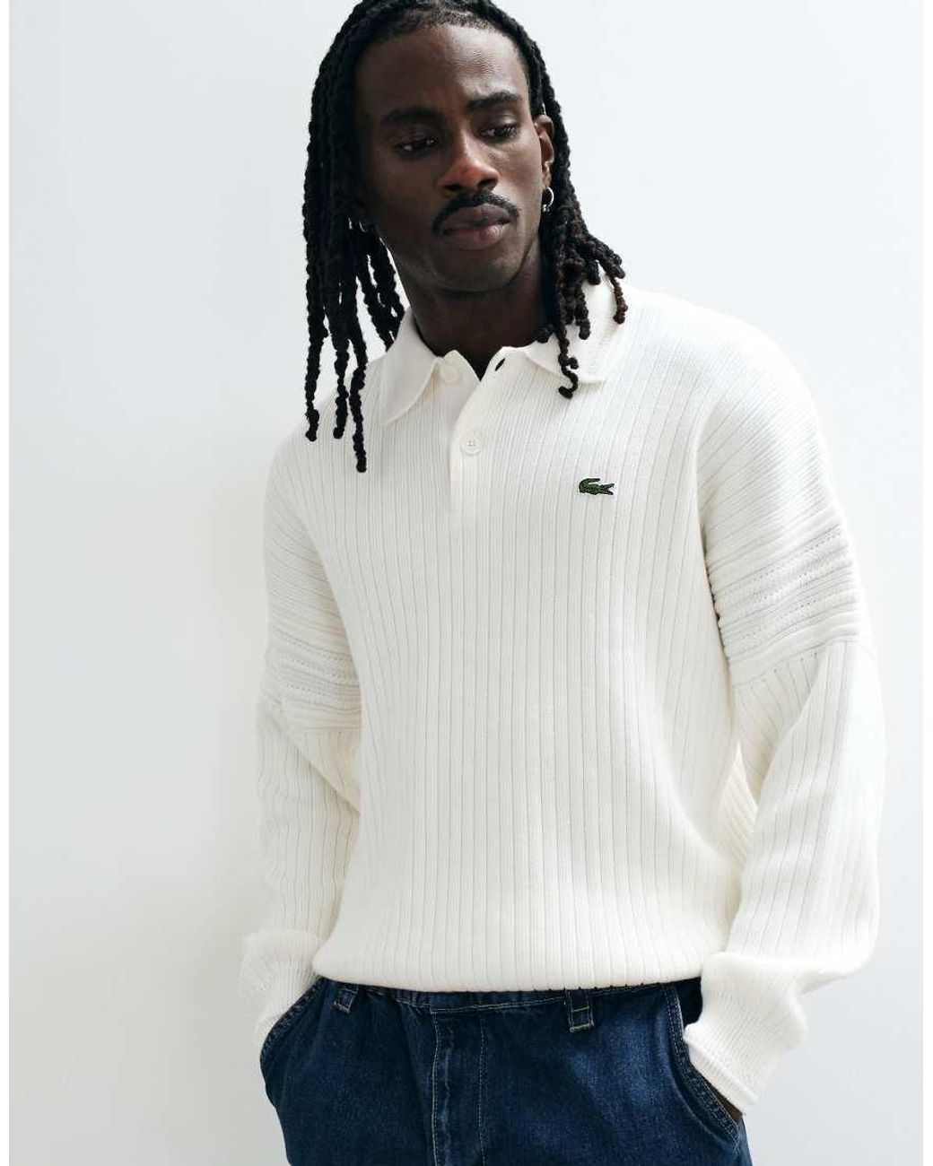 Lacoste White Cable Knit Polo Jumper for men