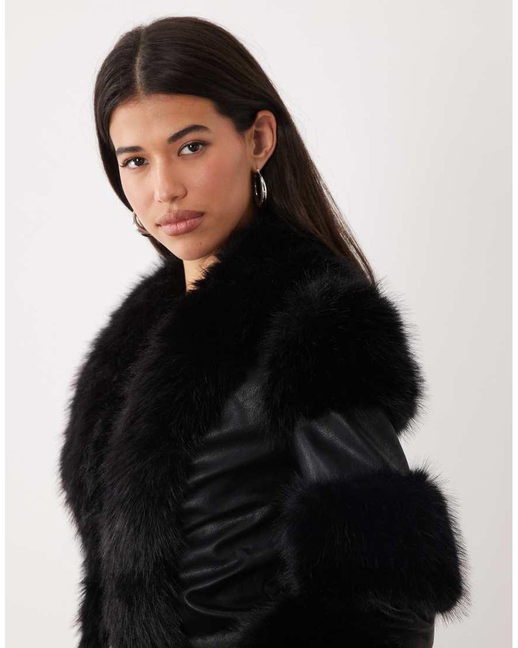 I.AM.GIA Black Vrai Textured Leather Look Panelled Faux Fur Trim Fitted Jacket