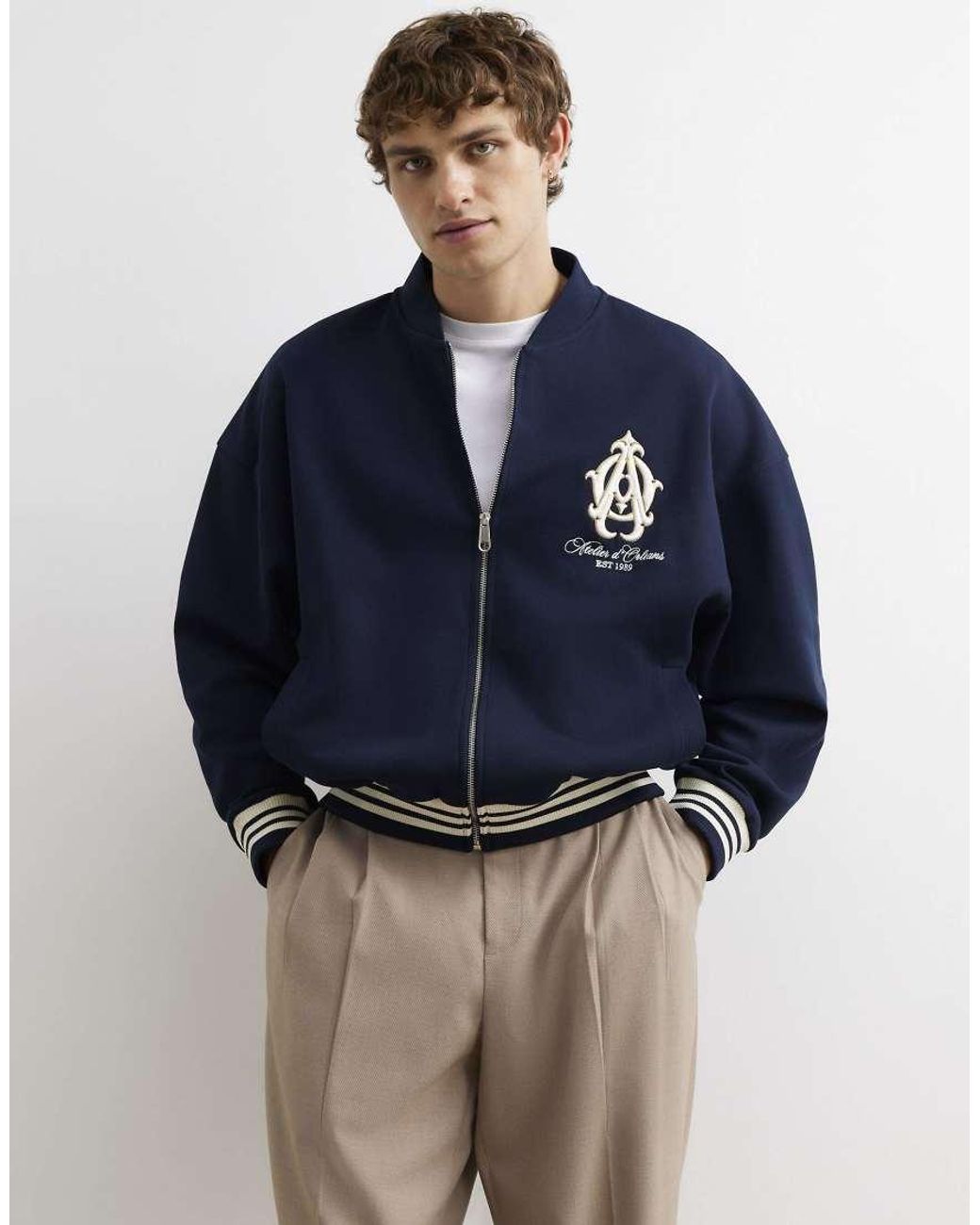 River Island Blue Oversized Fit Crest Bomber Jacket for men