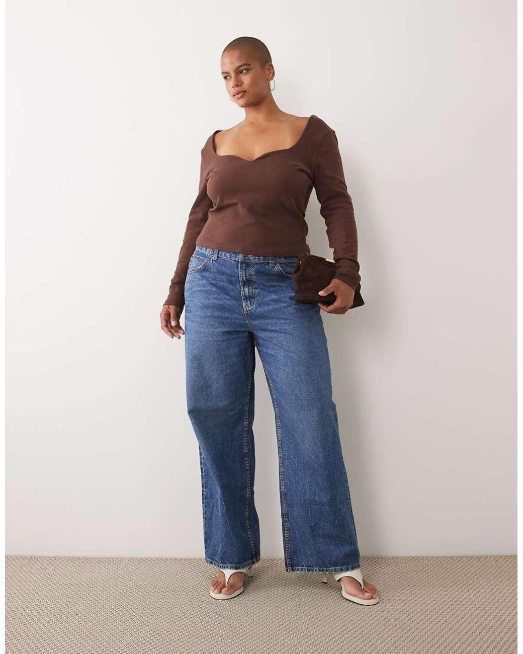 ASOS Brown Asos Design Curve Compact Cotton Long Sleeve Top With Curved Neckline