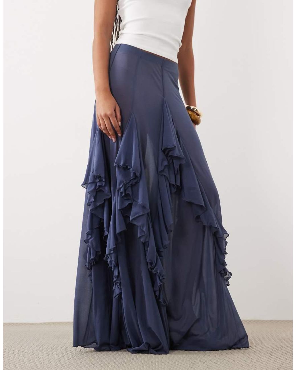 ASOS Blue Mesh Frill Detail Maxi Skirt
