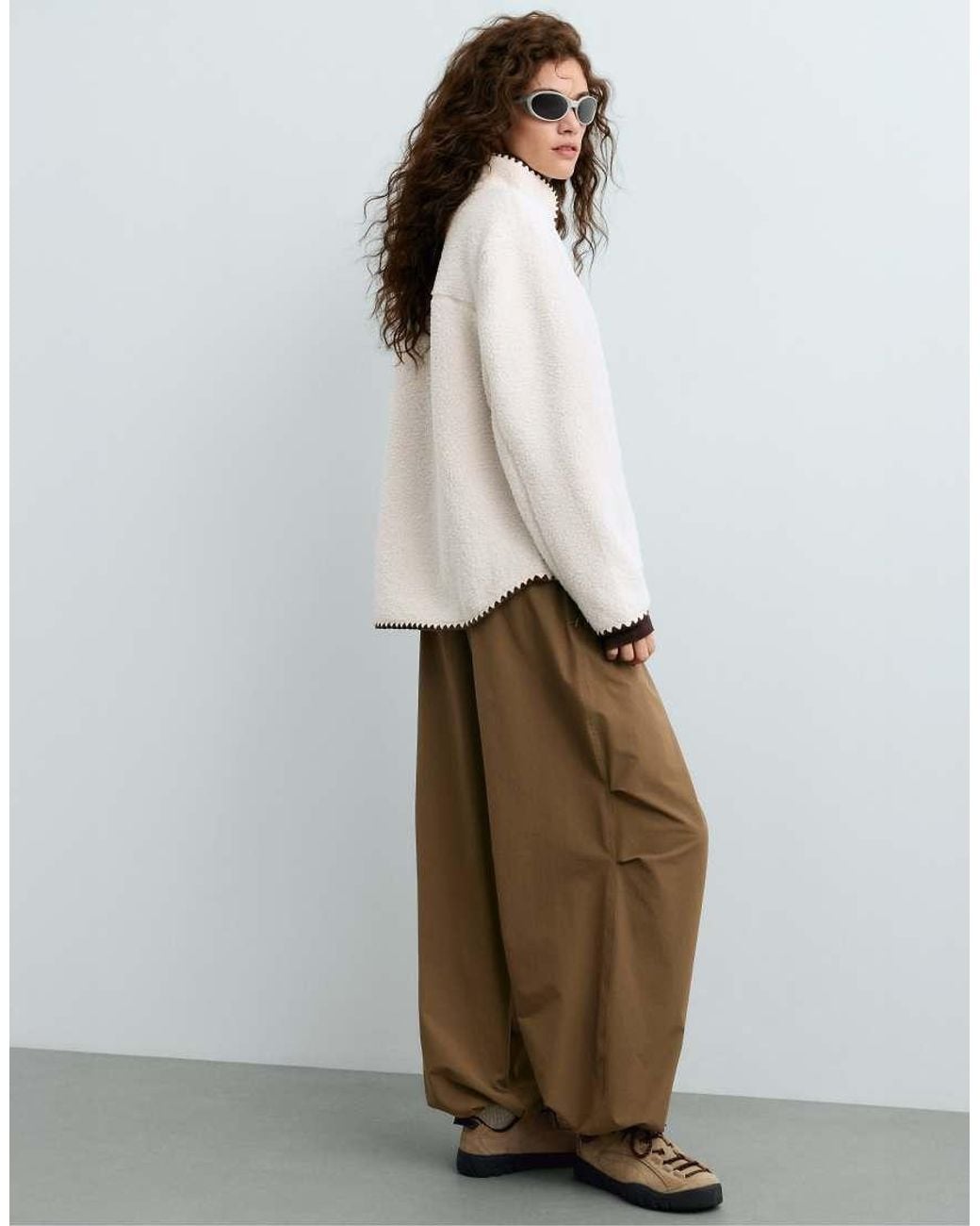 Oysho White High-neck Faux-shearling Jacket With Contrast Stitching