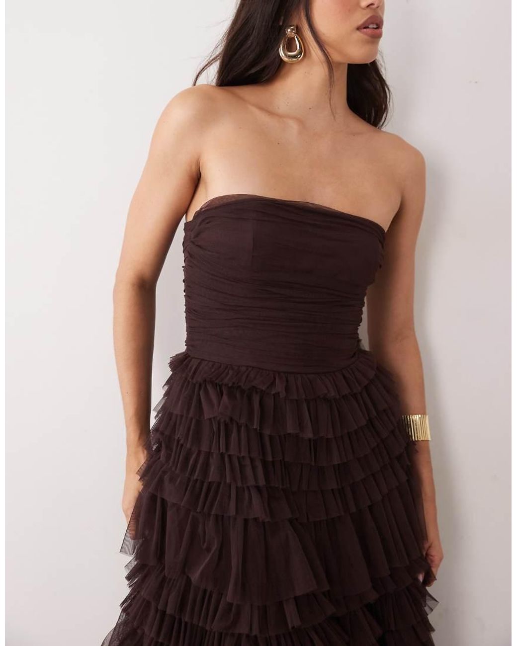 LACE & BEADS Multicolor Tulle Bandeau Tiered Ruffle Maxi Dress
