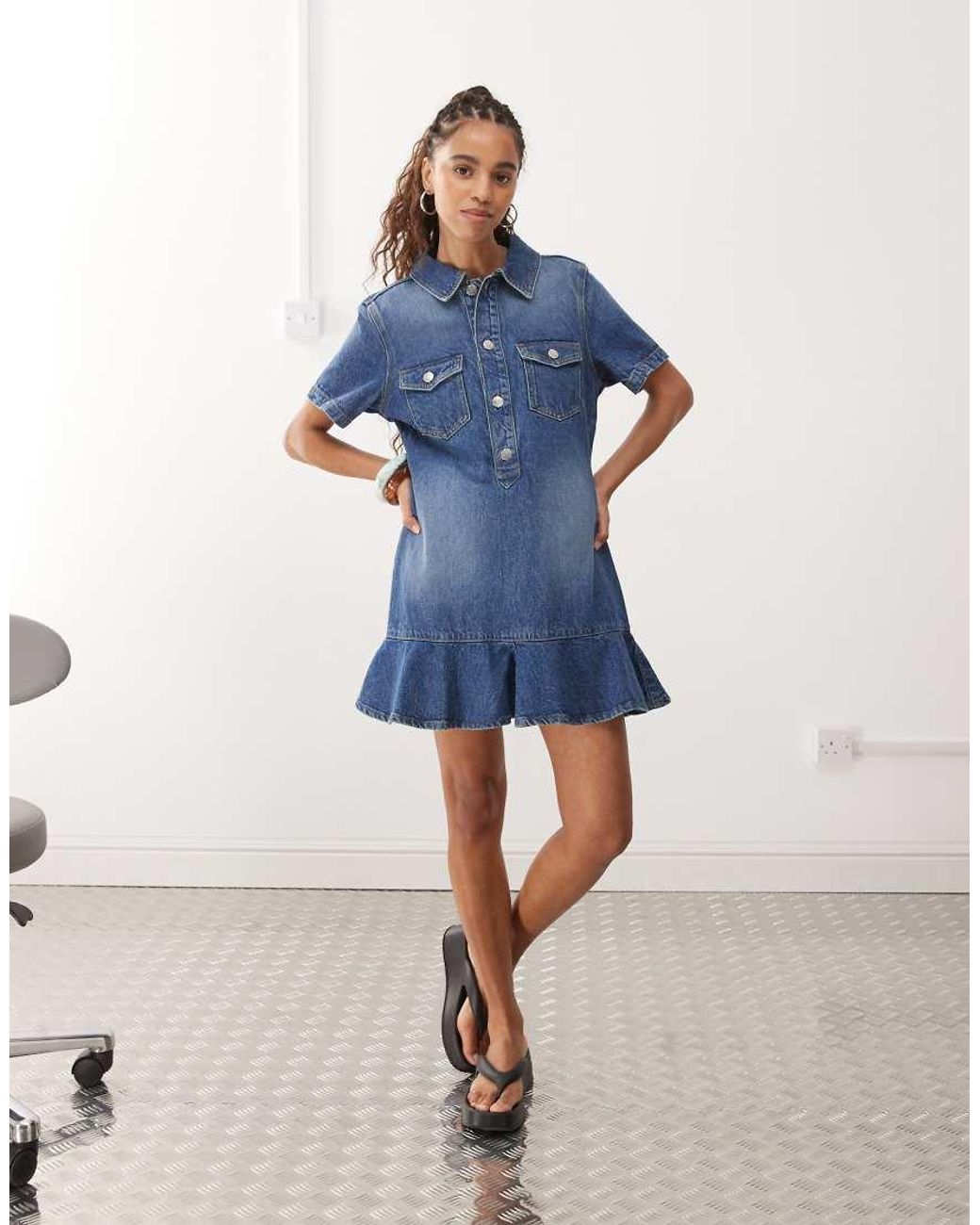 Monki Denim Tunic Dress With Flippy Hem in Blue | Lyst UK