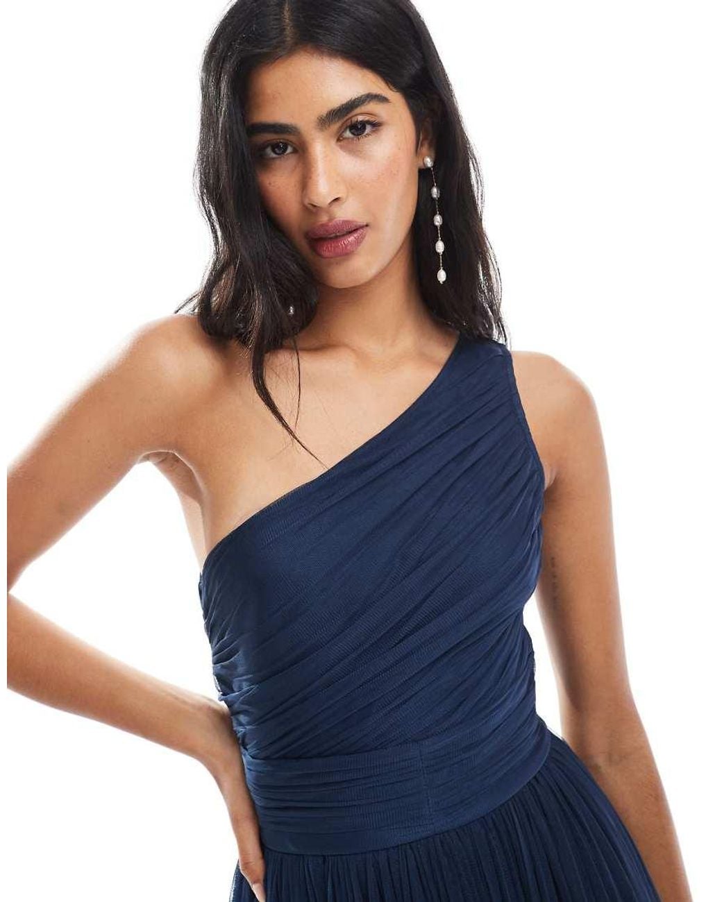 LACE & BEADS Blue Bridesmaid One Shoulder Maxi Dress