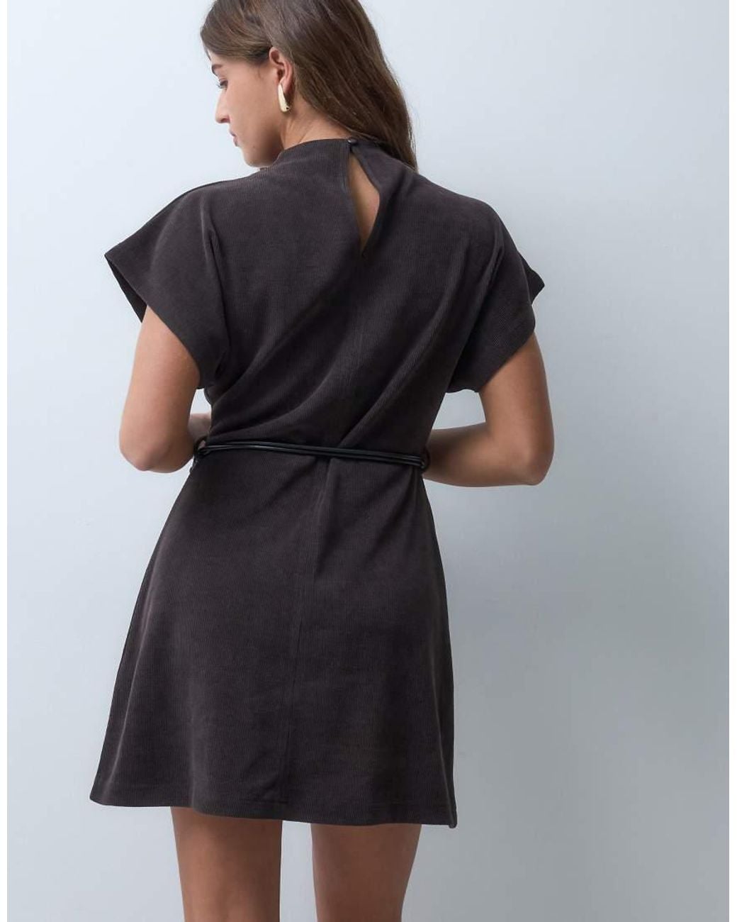 ASOS Black Soft Cord High Neck Belted Mini Dress