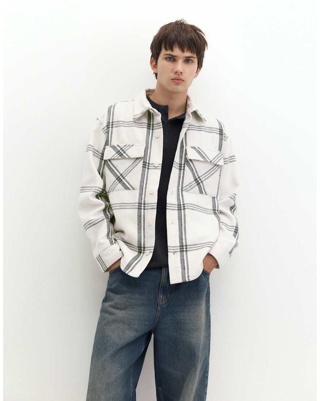 Pull&Bear White Checked Long Sleeve Overshirt for men