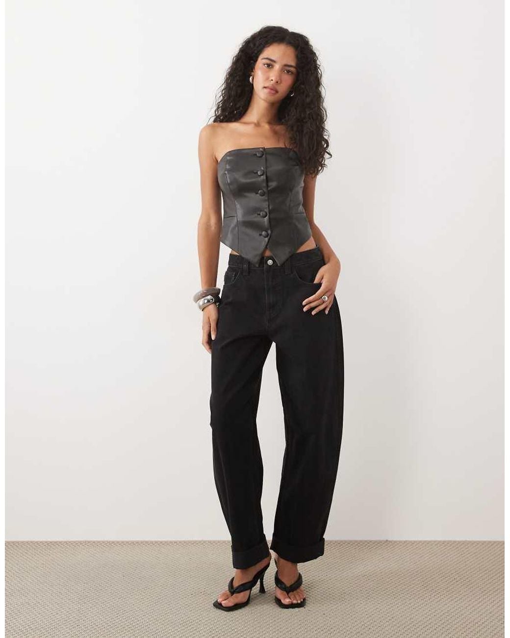 Miss Selfridge Black Faux Leather Button Up Bandeau Top