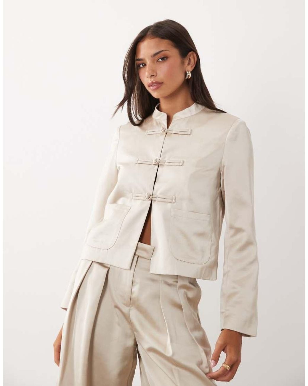 Pieces Natural Satin Mandarin-style Fastening Jacket Co-ord
