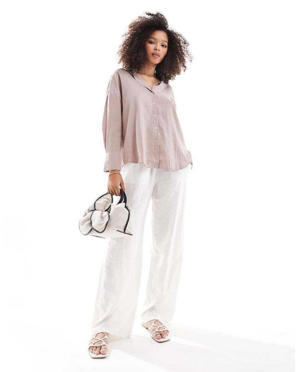 ONLY Natural Oversized Long Sleeve Textured Shirt