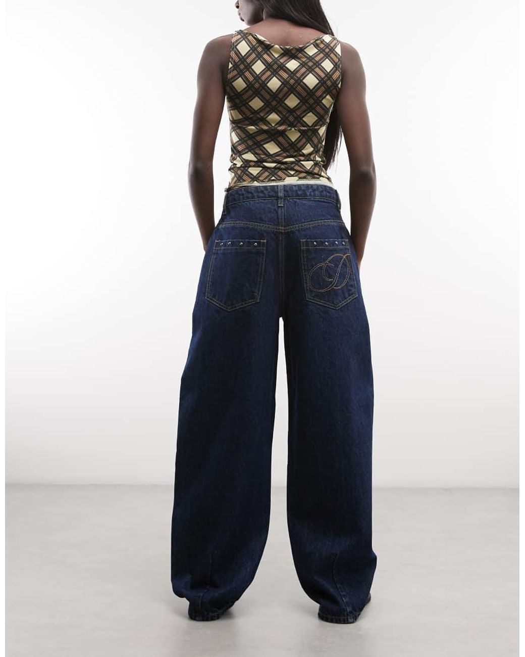 Daisy Street Blue Mid Rise Barrel Leg Studded Jeans