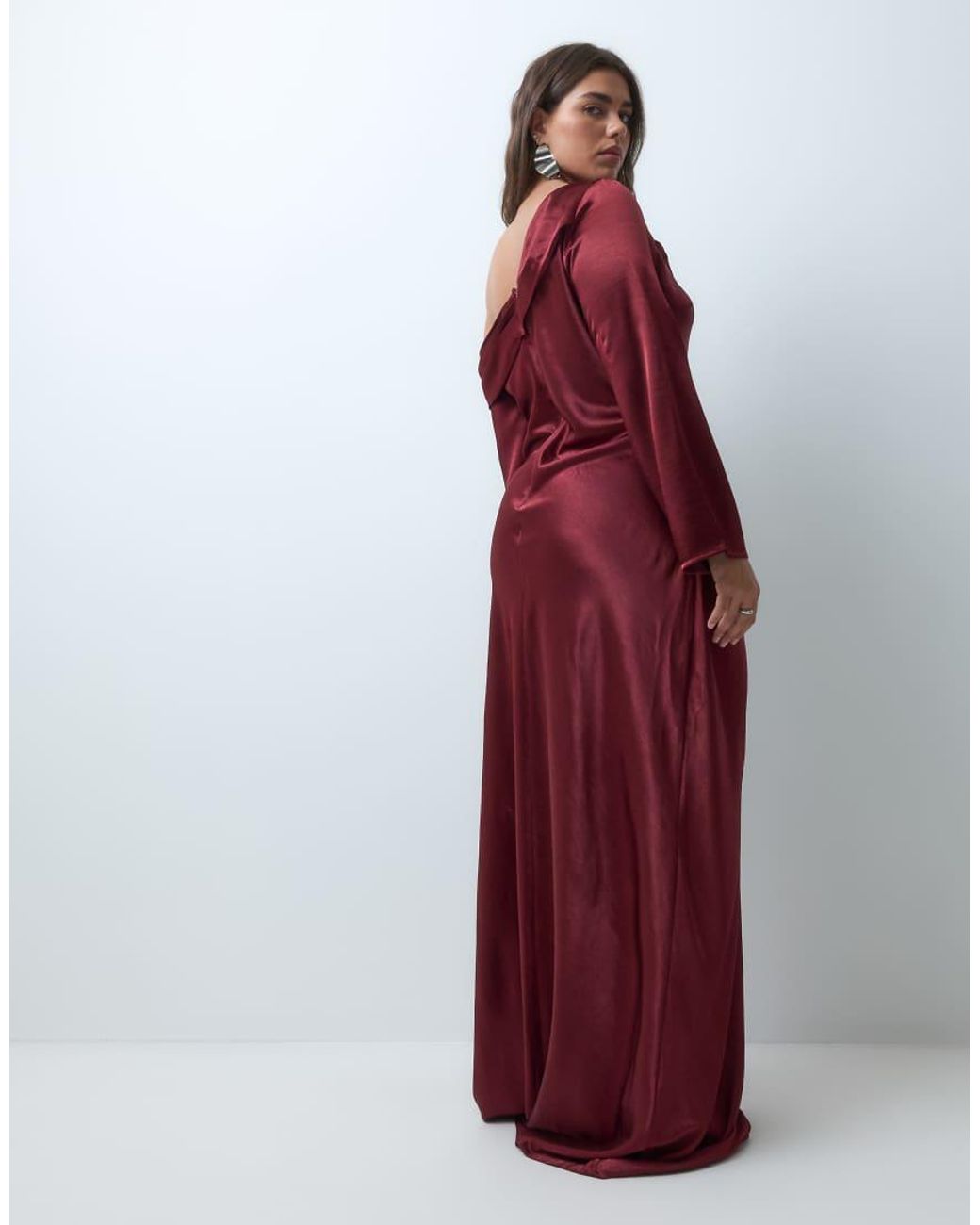 Tfnc Plus Red Hamme Satin Maxi Dress With Asymmetric Off-shoulder Neckline And Ruched Waist Detail