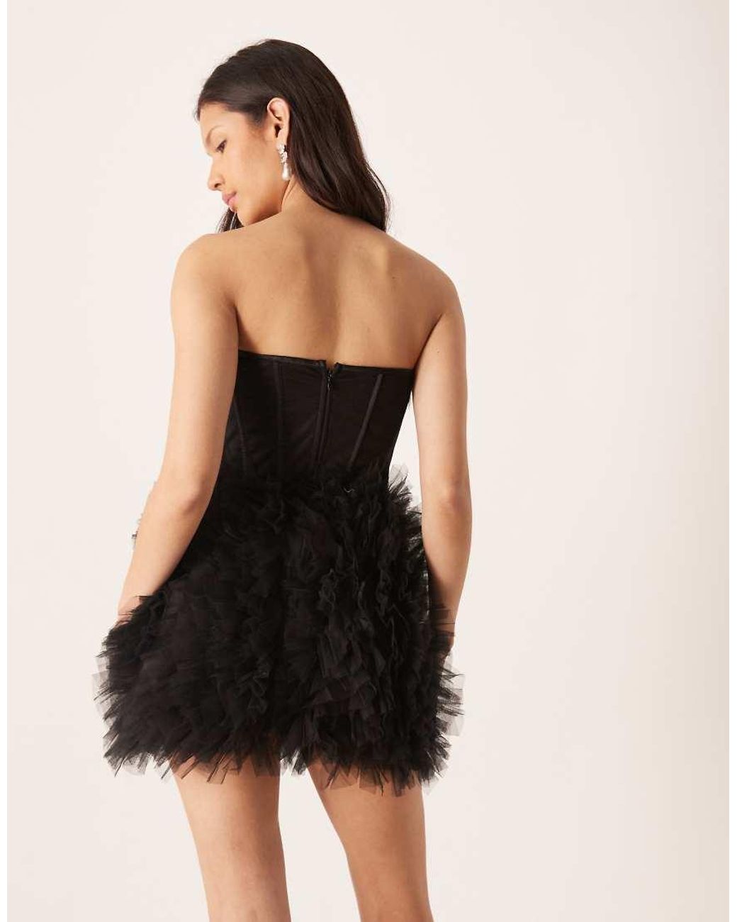 LACE & BEADS Black Bandeau Corset Detail Tulle Skirt Mini Dress