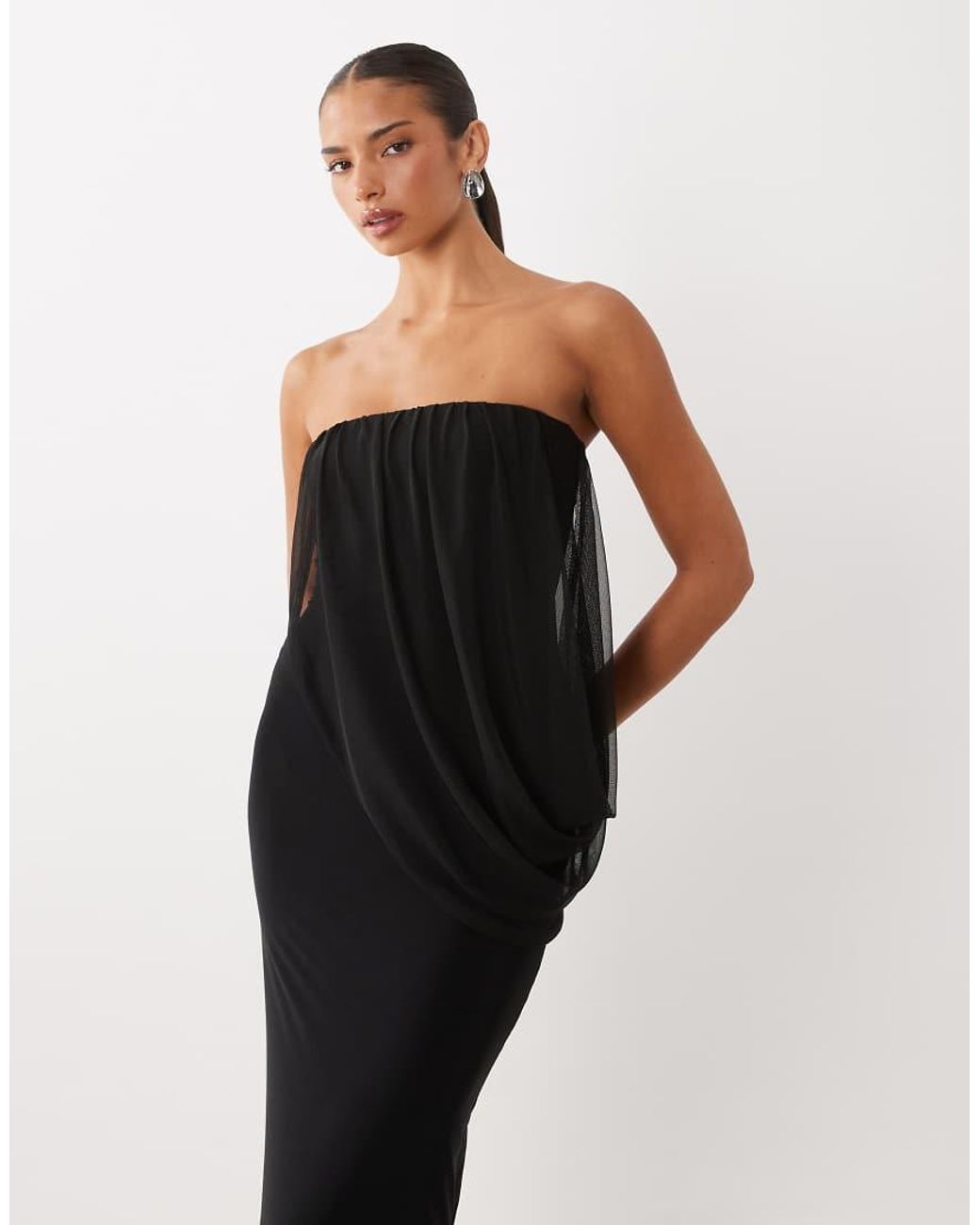 Missy Empire White Missy Empire Double Sculpted Slinky Mesh Overlay Drape Detail Bandeau Maxi Dress