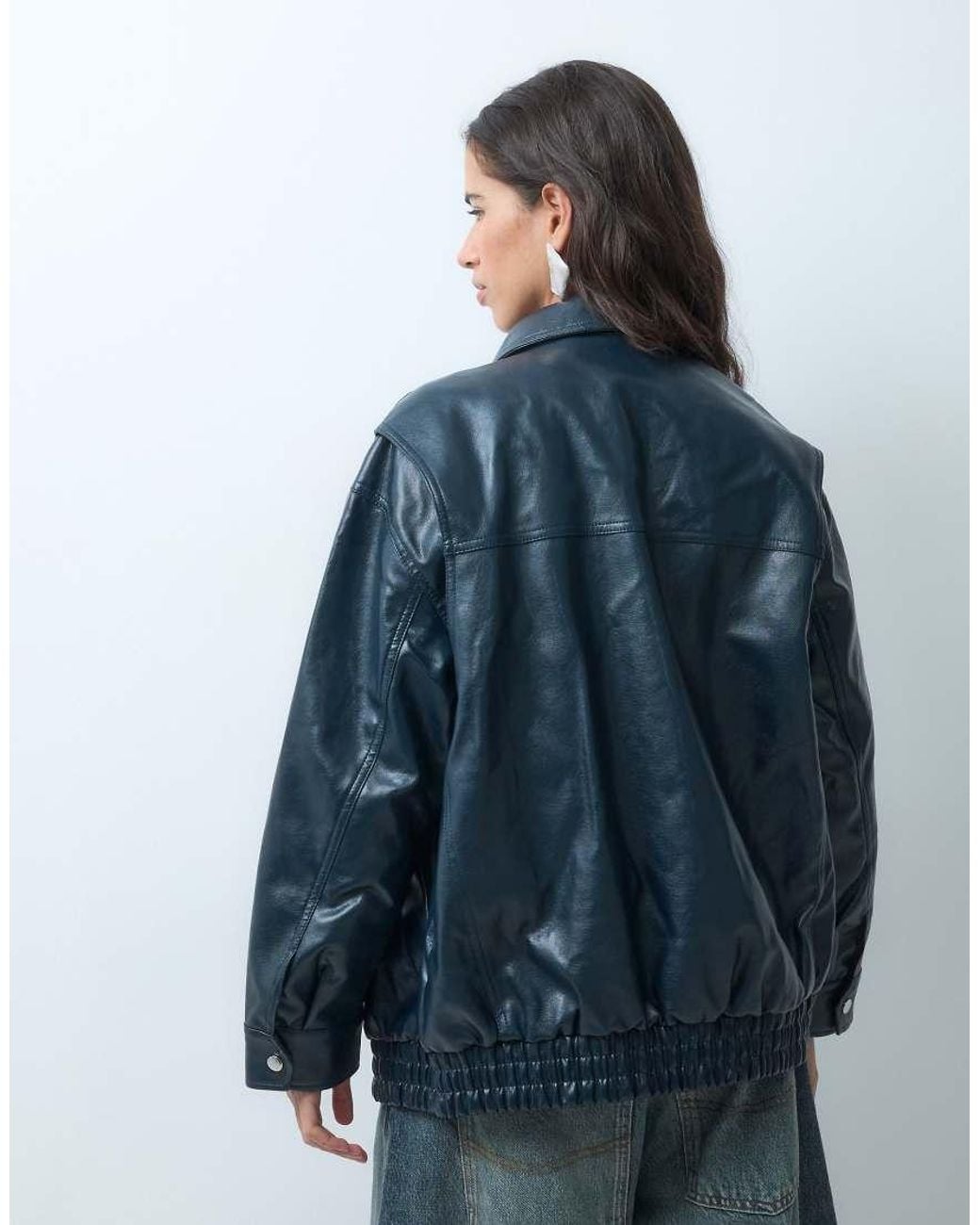 New Look Blue Bubble Hem Faux Leather Jacket