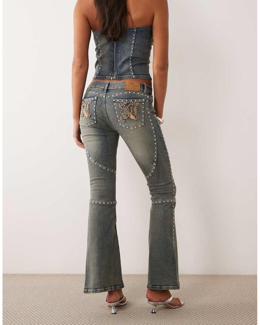 Juicy Couture Blue Moto Studded Low Rise Flare Jean Co-ord