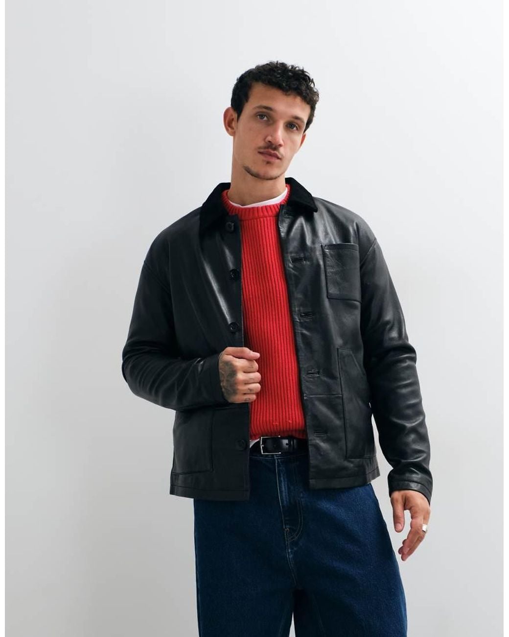 Barney's Originals Black Real Leather Chore Jacket for men