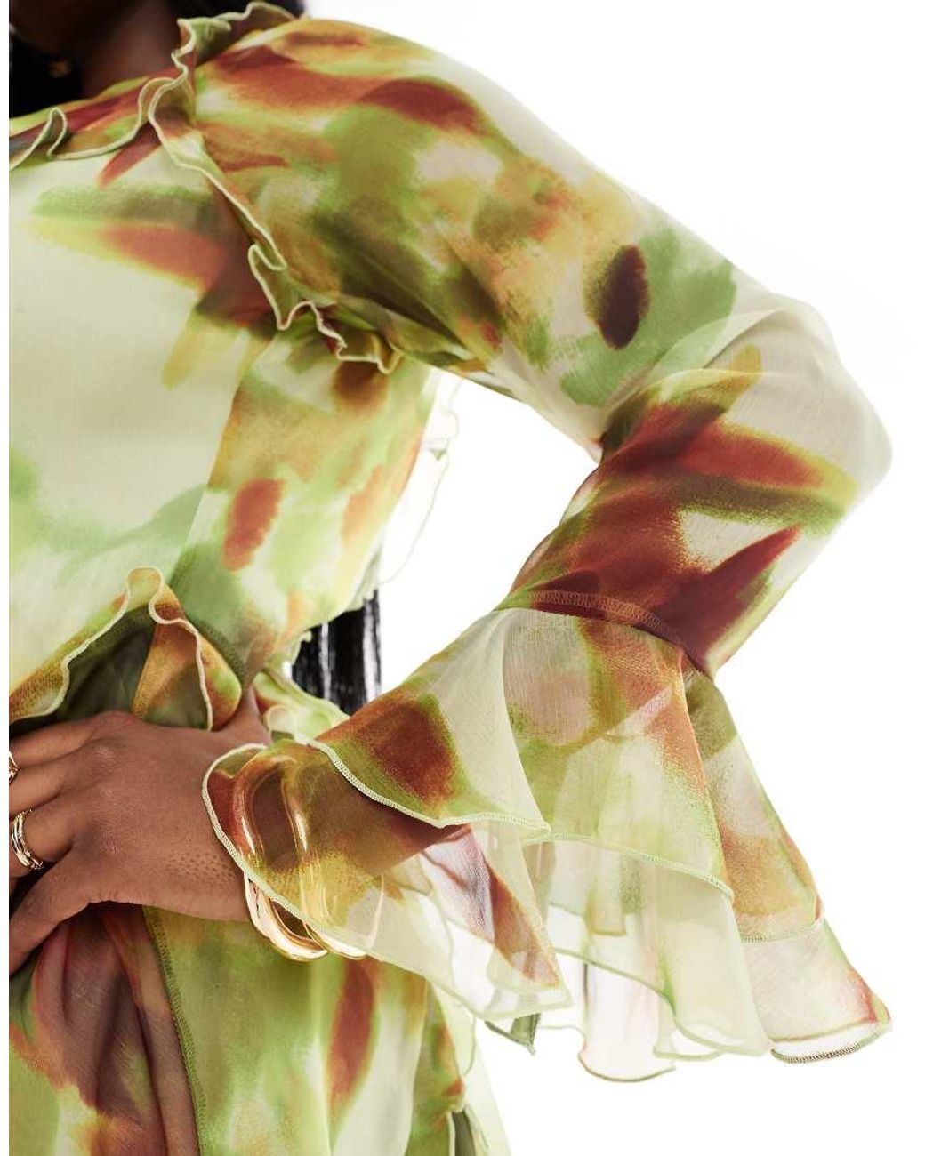 ASOS Green Asos Design Curve Ruffle Tie Front Plunge Mini Dress With Frill Sleeves