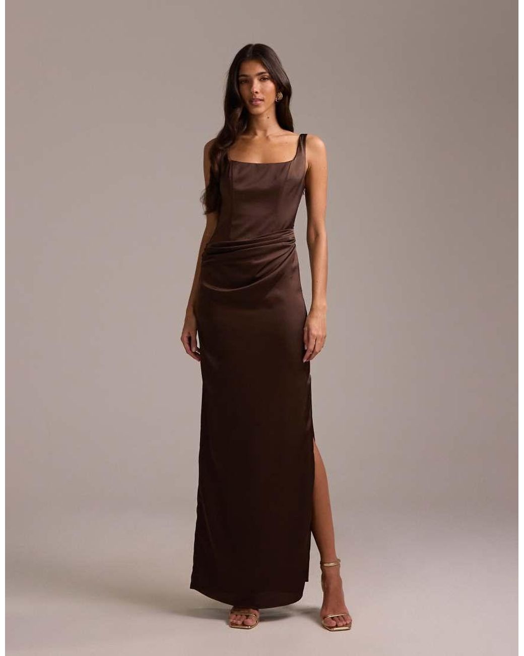 ASOS Brown Bridesmaids Square Neck Satin Maxi Dress With Asymmetric Skirt Overlay