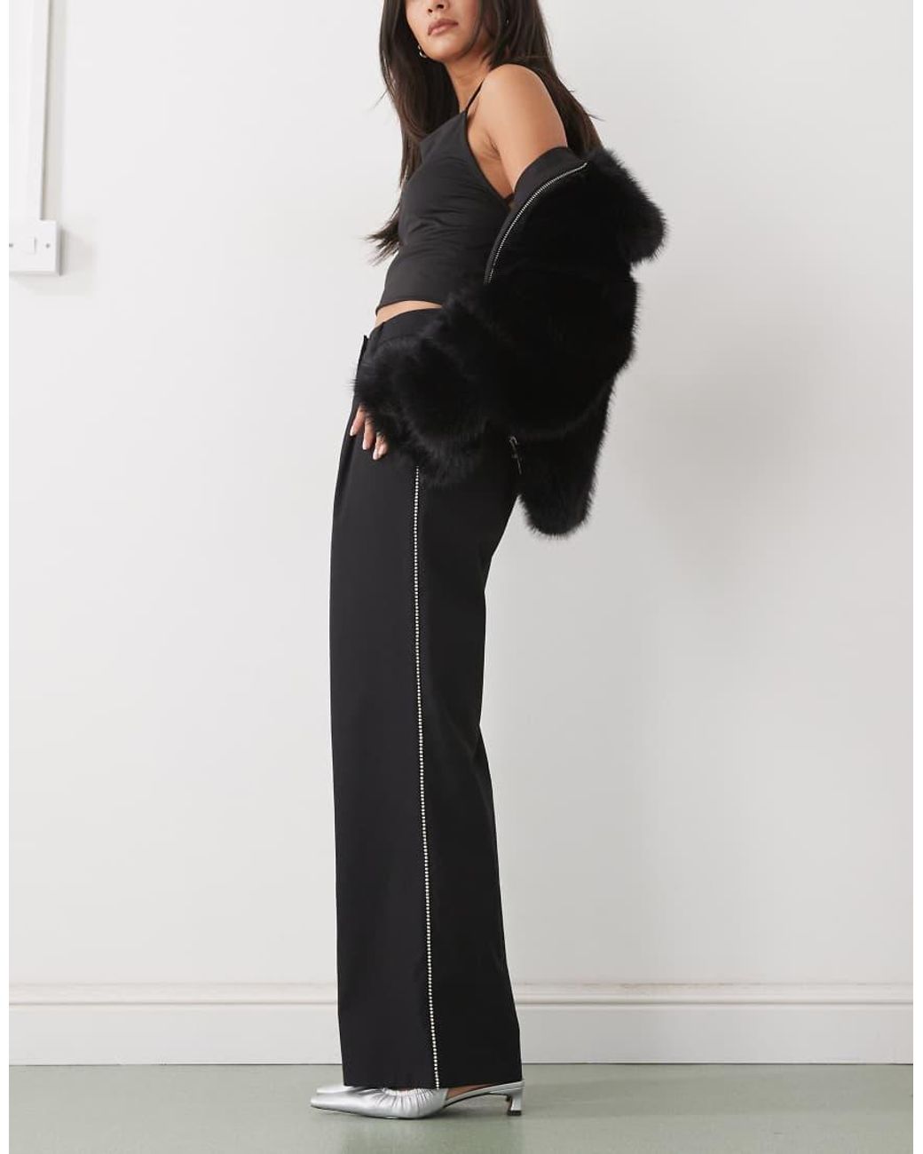 Reclaimed Vintage White Wide Leg Tailored Pants With Diamante Side Detail