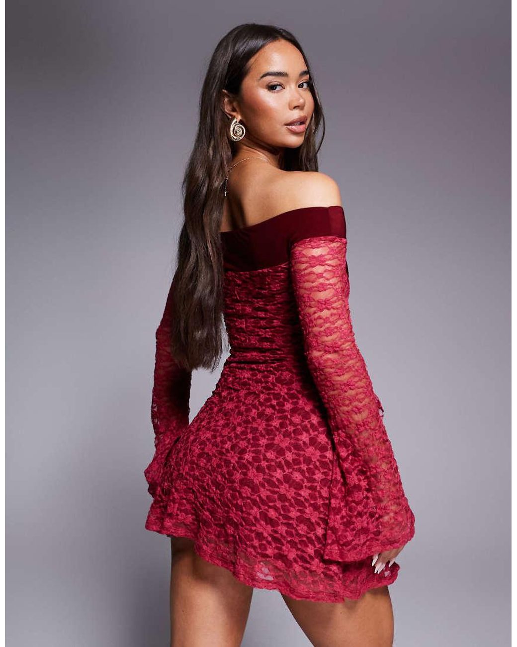 ASOS Red Lace Blocked Neck Bardot Mini Dress With Flippy Sleeves And Hitched Trim Detail Skirt