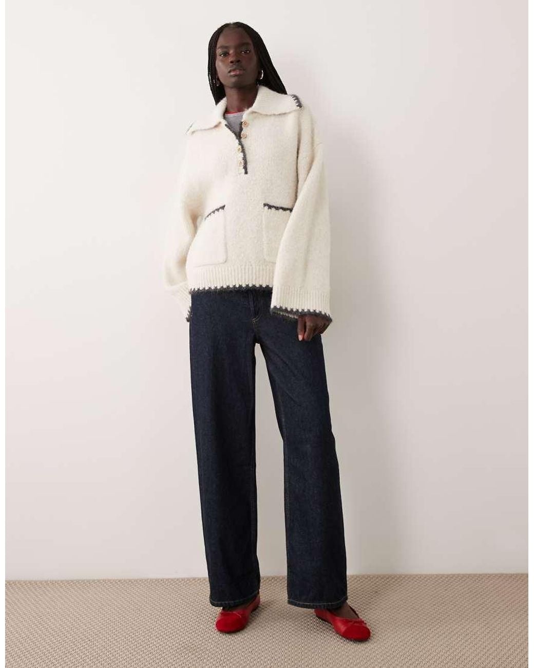 Pieces Natural Blanket Stitch Oversized Knitted Jumper