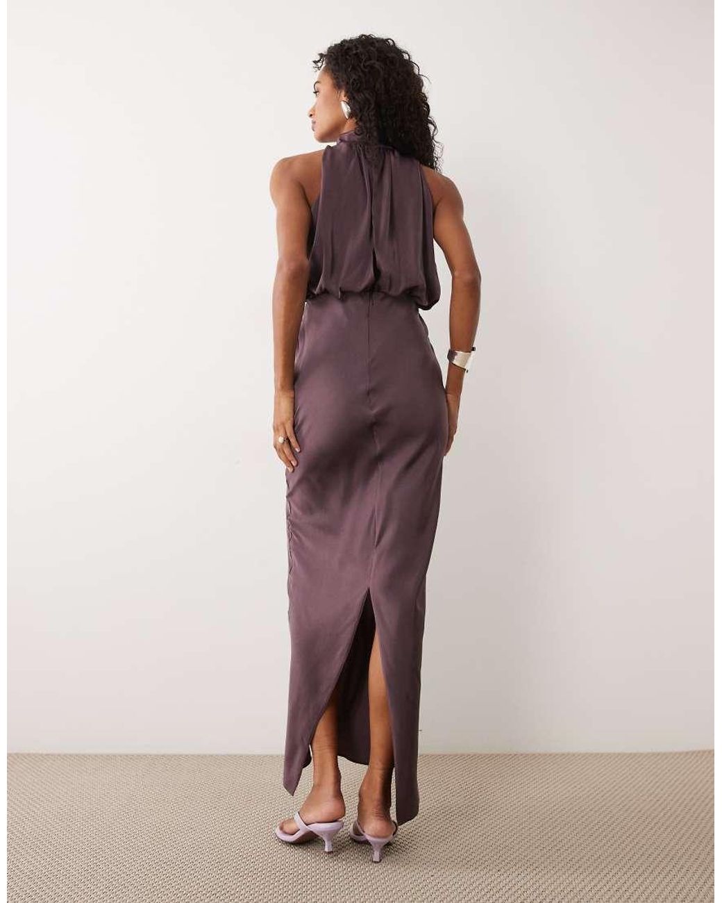 ASOS Purple Halter Neck Blouson Satin Maxi Dress