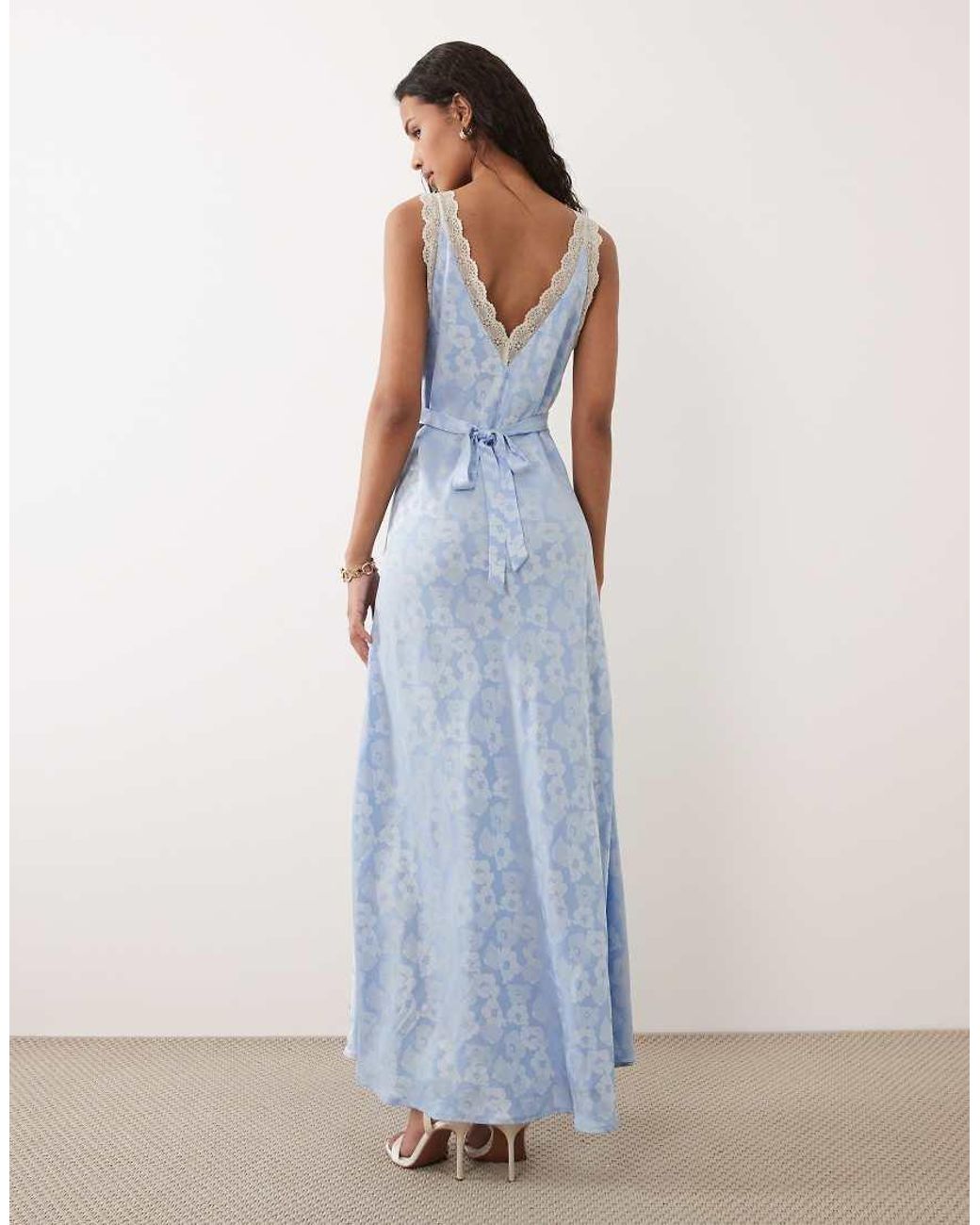 Hope & Ivy Blue Satin V-Neck Lace Trim Maxi Dress