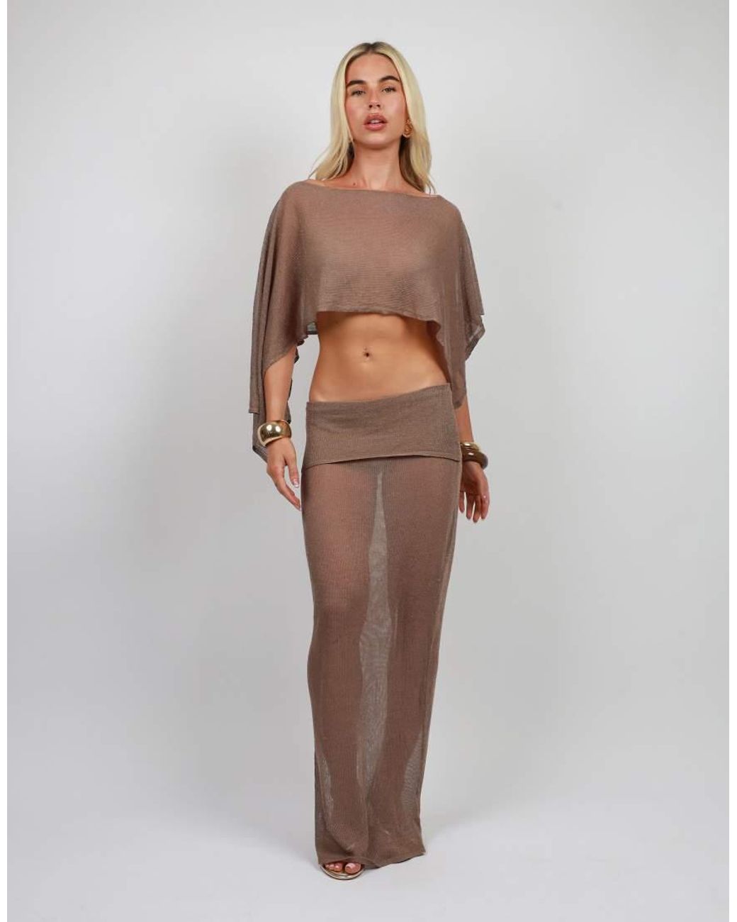 SIMMI Brown Foldover Sheer Knit Maxi Skirt
