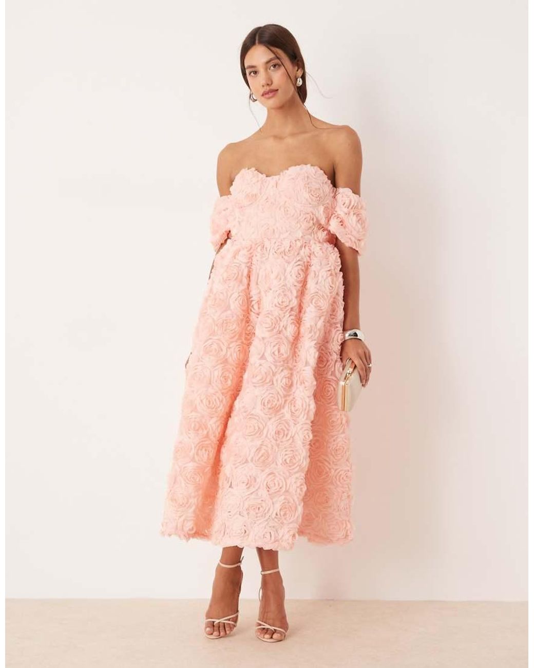 True Decadence Pink Bardot Midi Dress With Gathered Sleeves