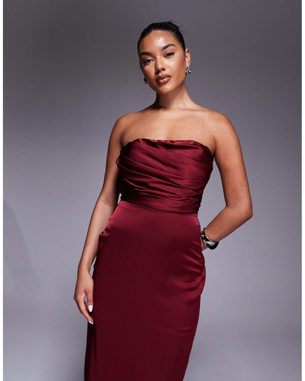 Jarlo Bandeau Satin Maxi Dress With Bow Back in Red | Lyst