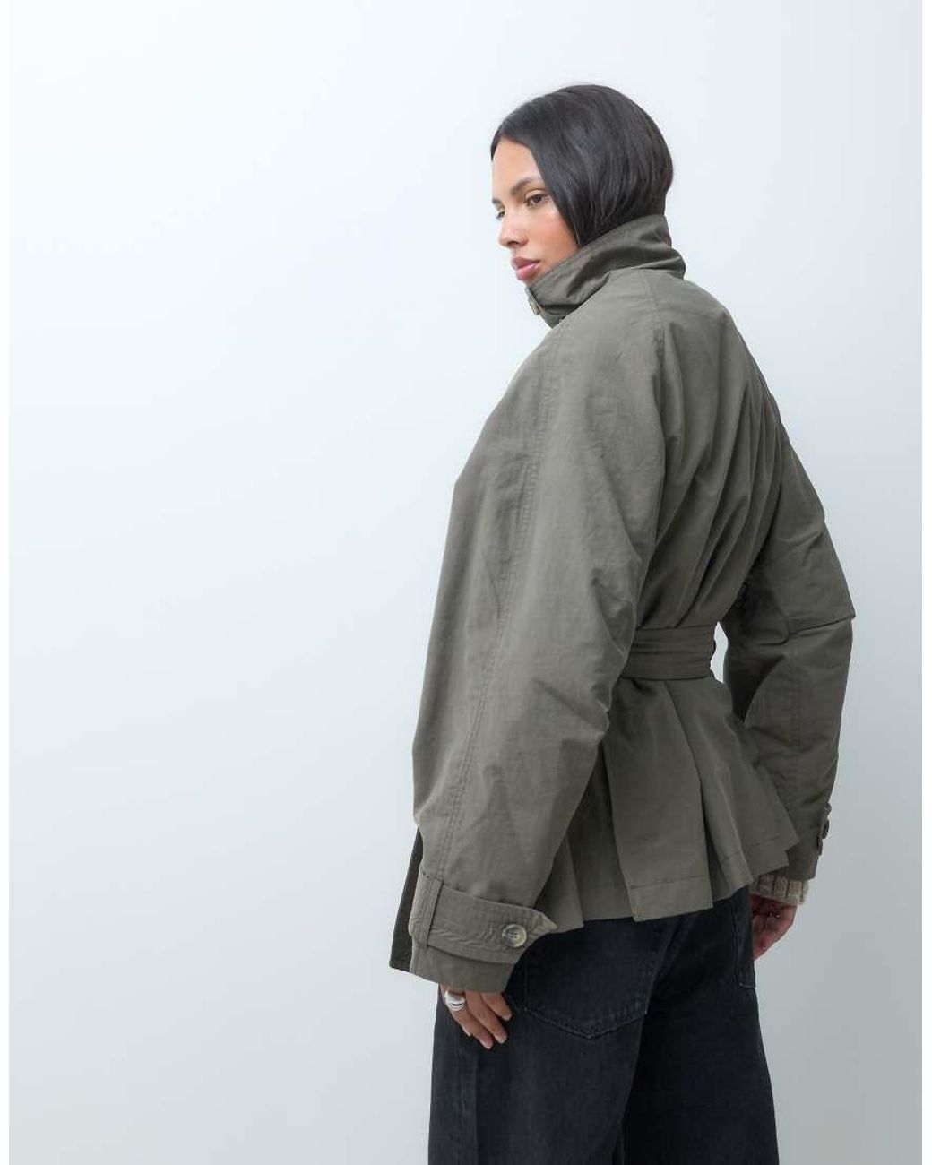 ASOS Gray Funnel Neck Tie Belt Trench Coat