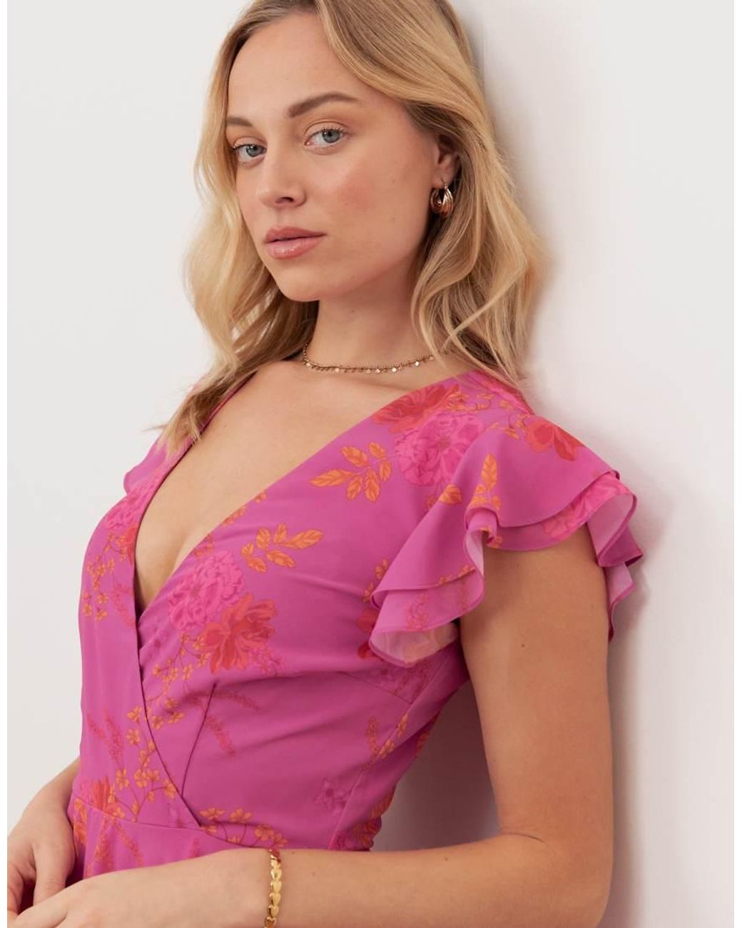 ANAYA Pink Floral Faux Wrap Flutter Sleeve Tiered Maxi Dress