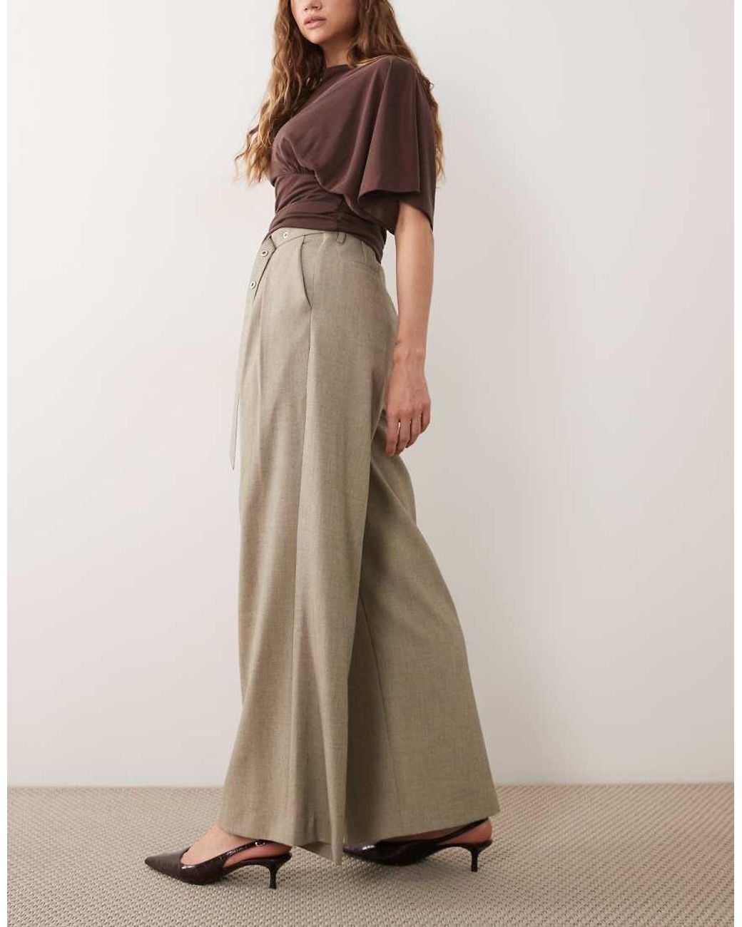 4th & Reckless Brown Tailored Belted Pleat Front Wide Leg Pants