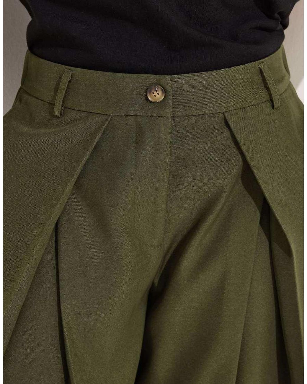 PixieGirl Green Petite Pleated Wide Leg Trousers