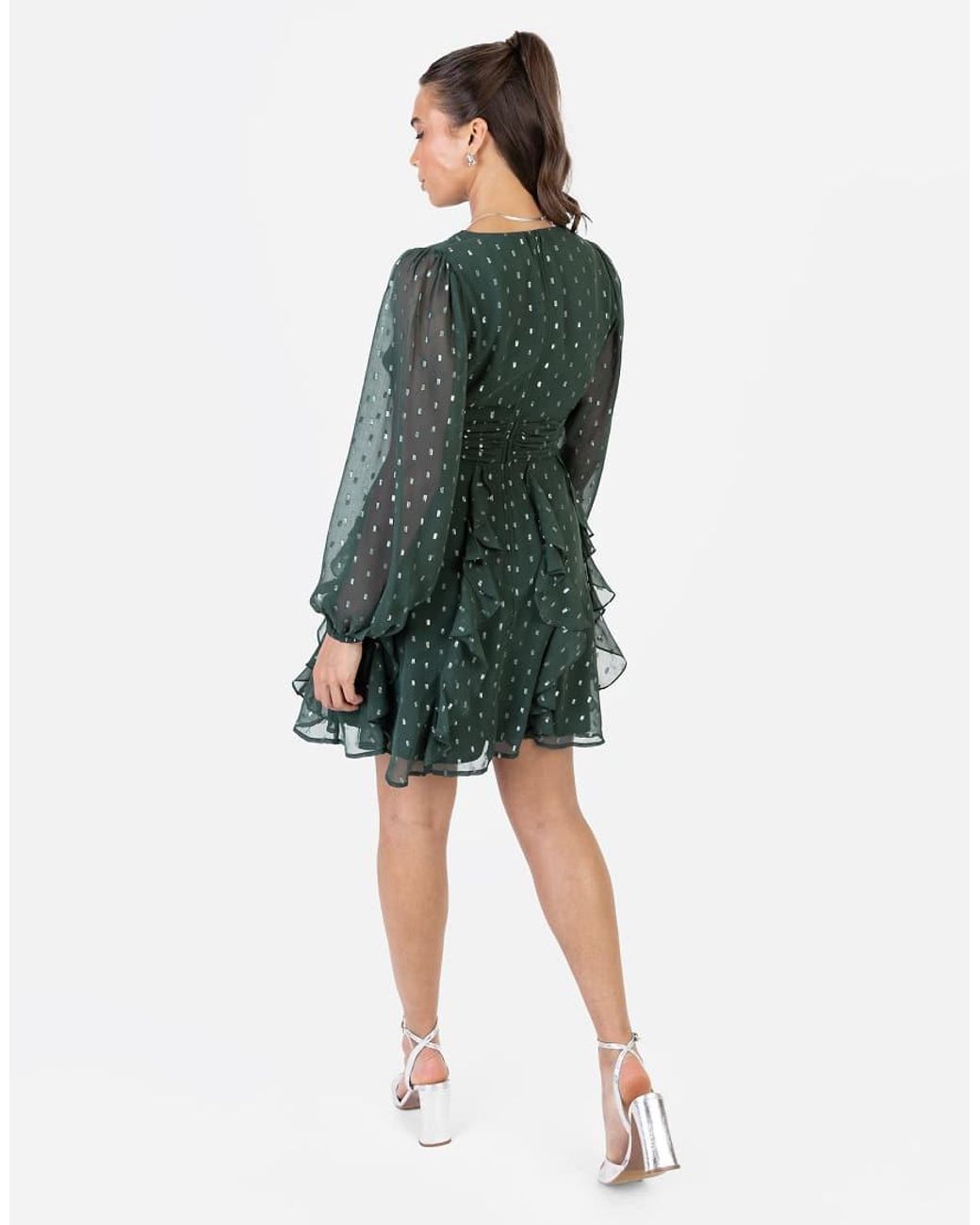 ANAYA Green Faux Wrap Long Sleeve Ruffle Mini Dress