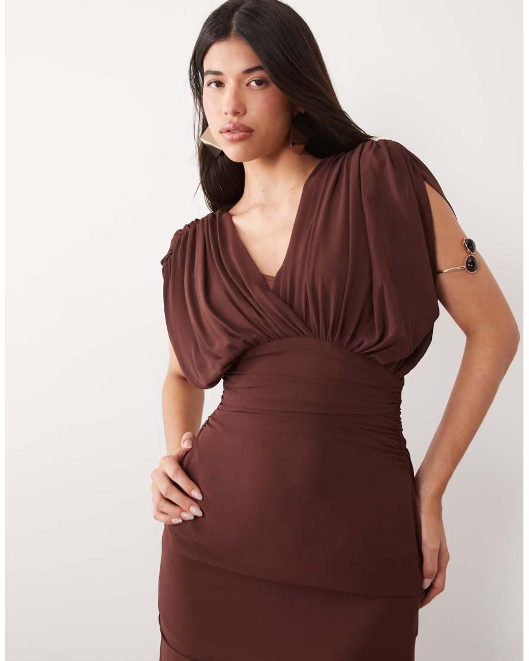 TFNC London Brown Chiffon Gathered Waist Sheer Drop Hem Maxi Dress