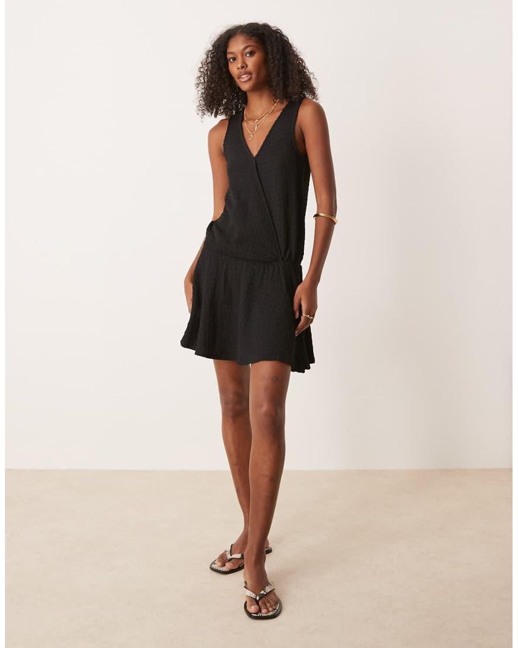 ASOS Black Textured Sleeveless V Front Wrap With Drop Waist Mini Dress