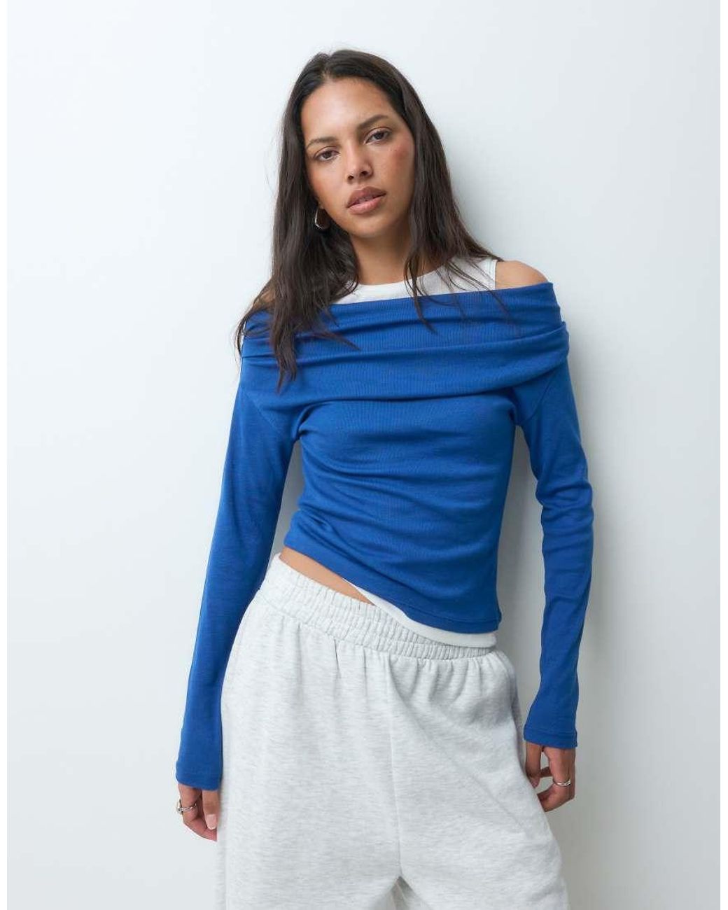 JJXX Blue Off Shoulder Double Layer Knit Top