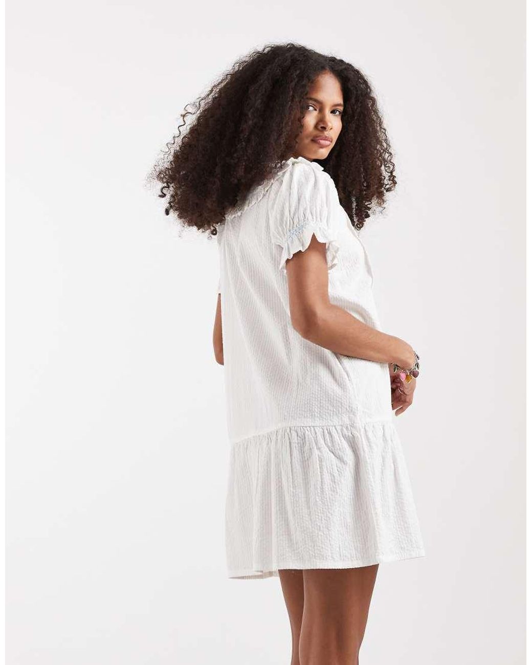 Neon Rose White Button Pintuck Drop Waist Mini Dress