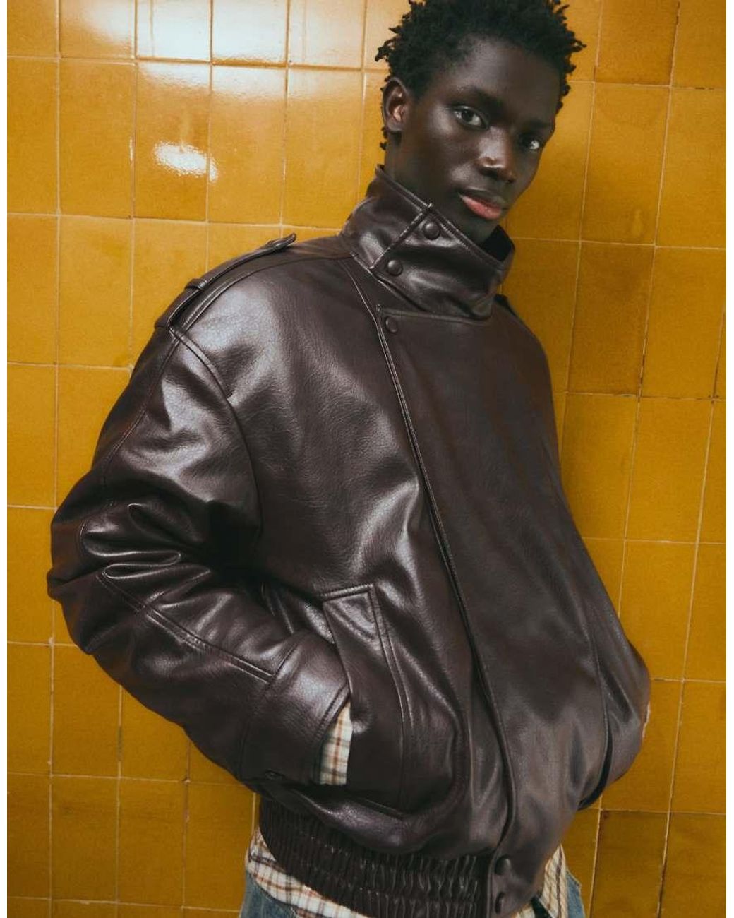 Bershka Metallic Leather Effect Jacket for men