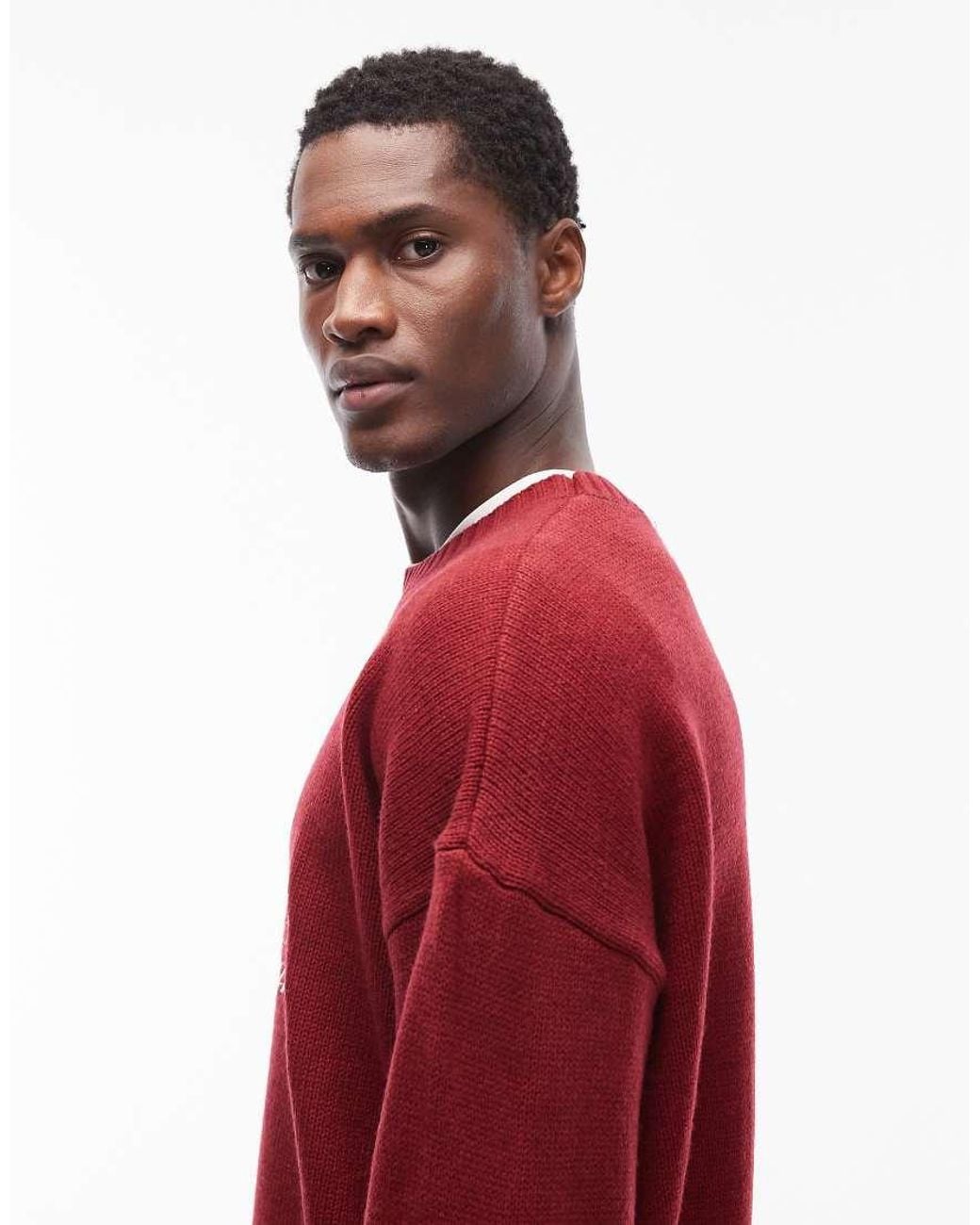 ASOS Red Oversized Knitted Christmas Jumper With Frosty Pints Festive Nights Slogan for men