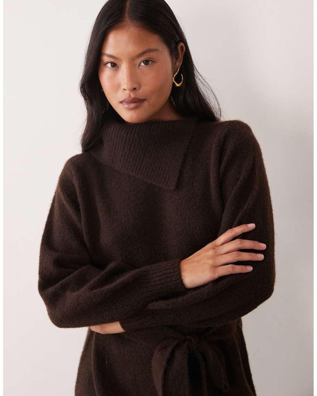 Vero Moda Black Long Sleeve Split Neck Knitted Mini Dress With Tie Waist