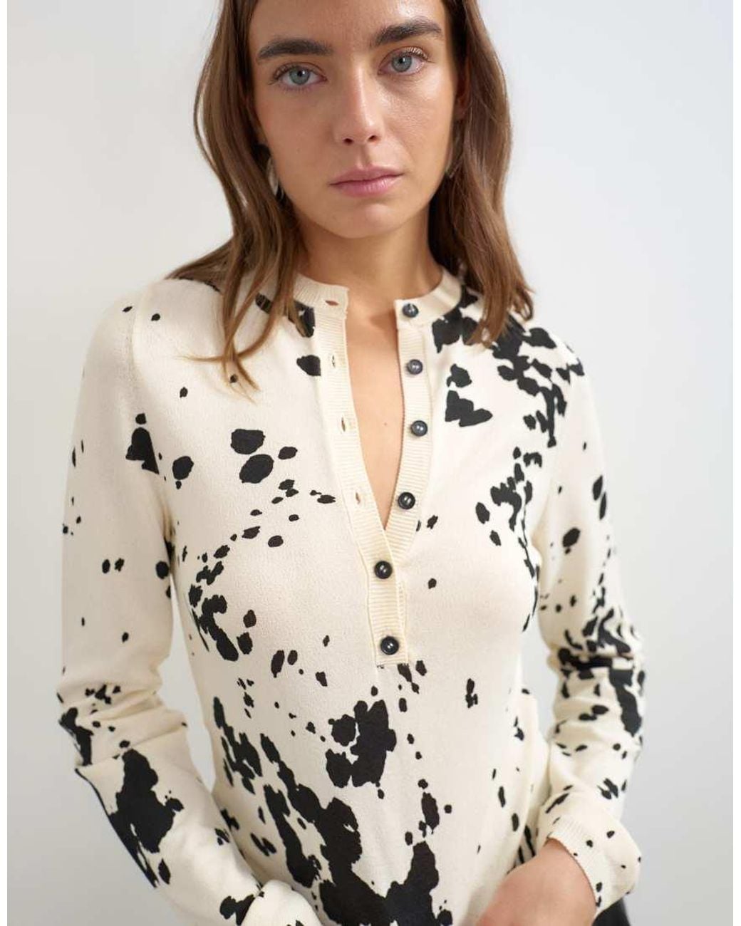 TOPSHOP White Knitted Animal Print Sheer Henley Top