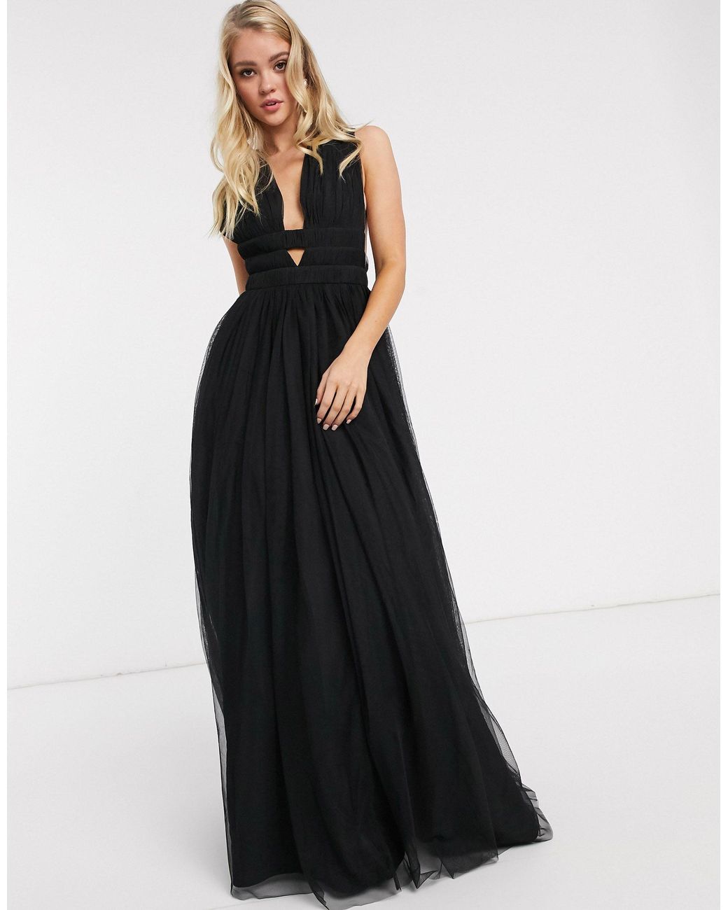 ASOS Plunge Tiered Grecian Tulle Maxi Dress in Black | Lyst