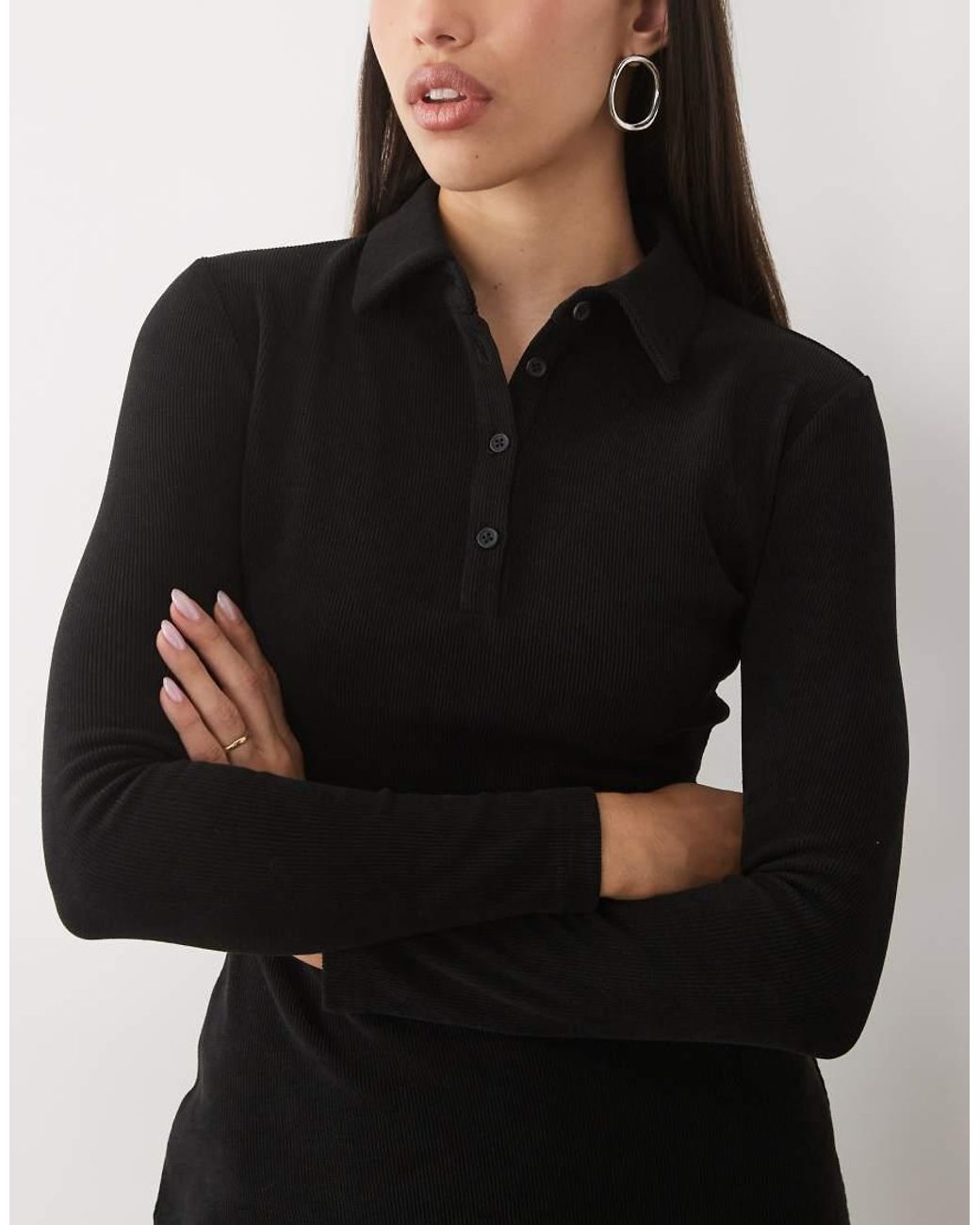ASOS Black Soft Cord Long Sleeve Polo Mini Dress
