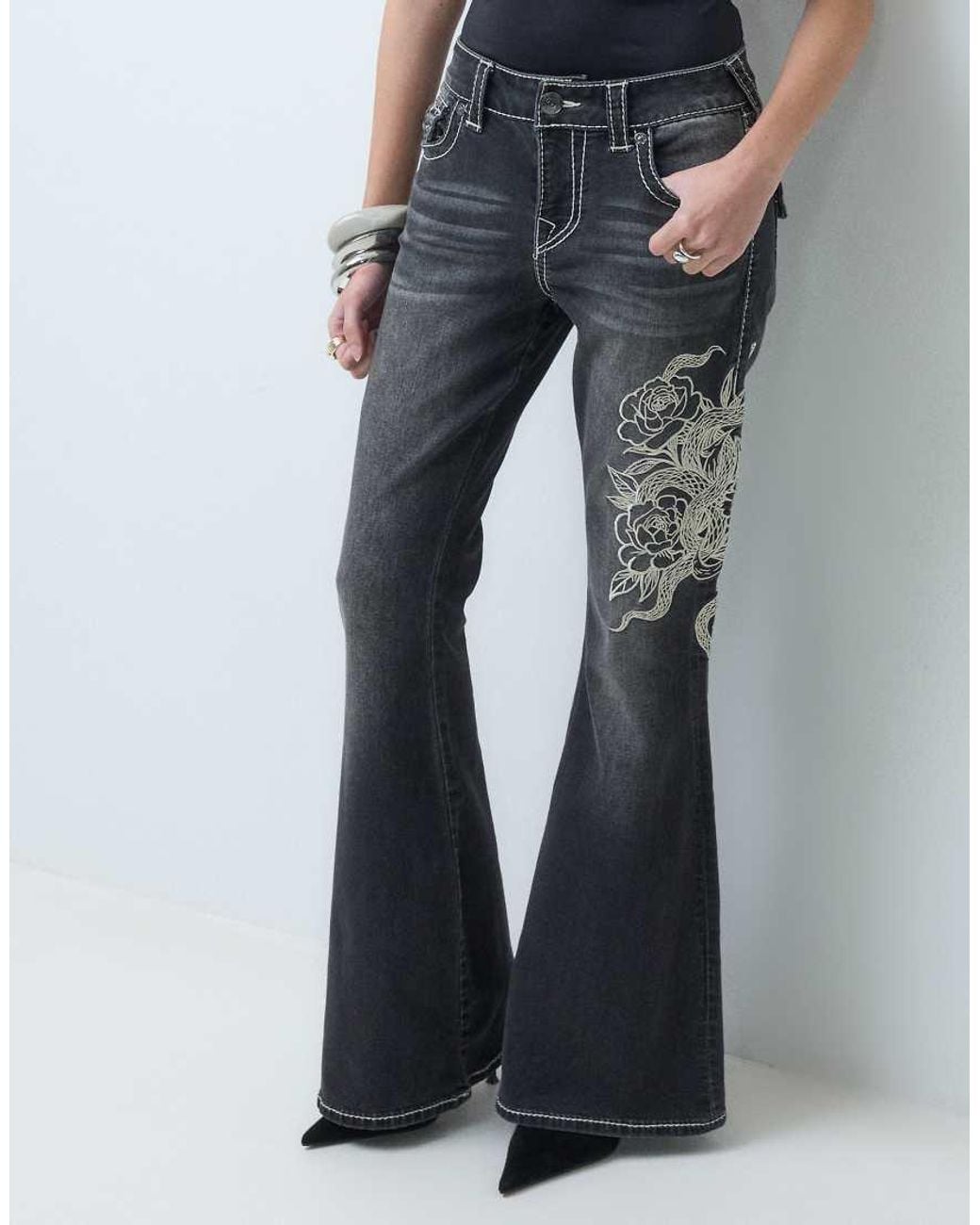 True Religion Blue Snake Embriodered Charlie Mid Rise Flare