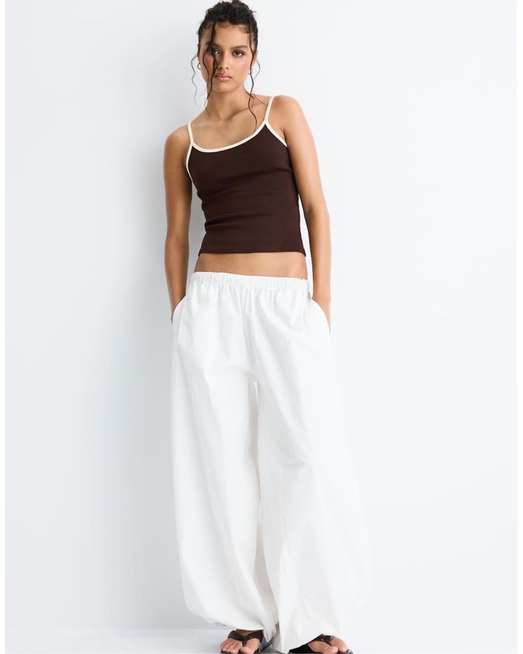 Stradivarius White B07 Ribbed Strap Top